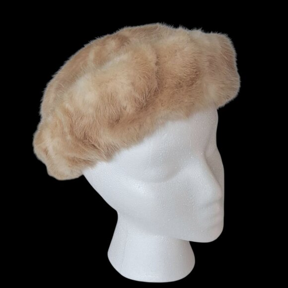 Vintage 1960s Furs by Marche Beige/Cream Mink Rolled Brim Pillbox Hat - Picture 3 of 8